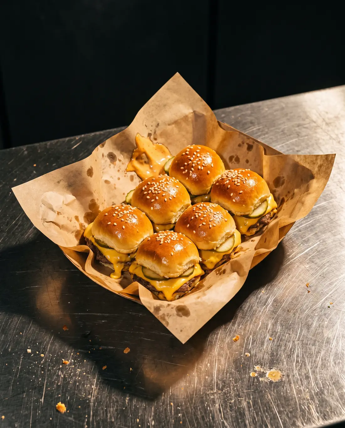 Six mini cheeseburger bites in a kraft paper tray