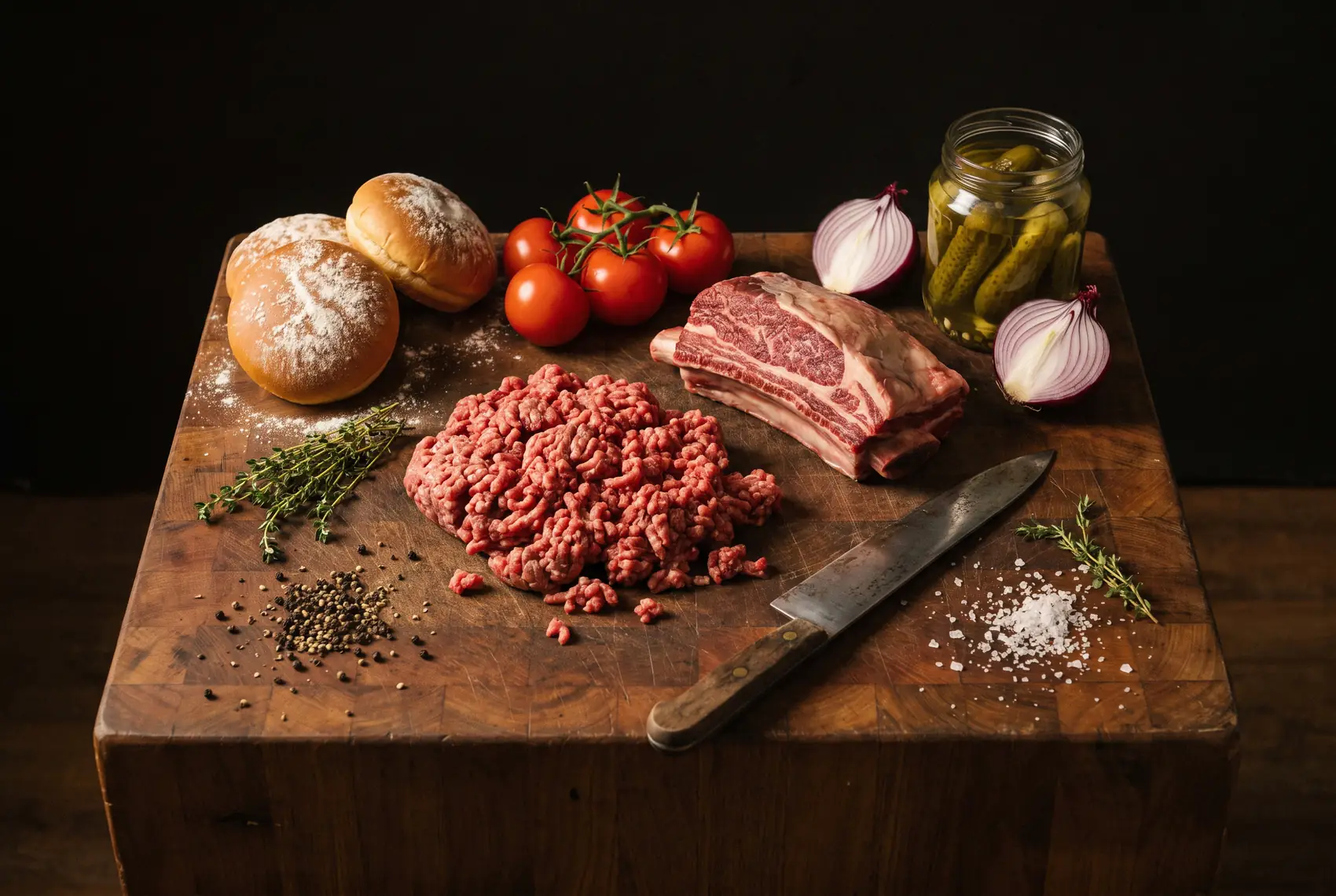 Ground beef, short rib, buns, tomatoes and pickles on a butcher block