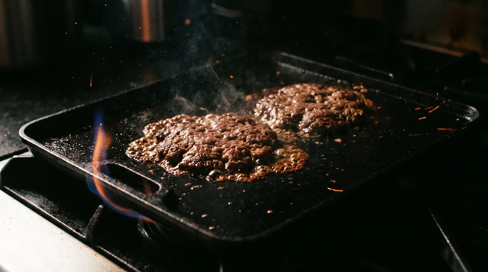 Two smash patties searing on a black flattop